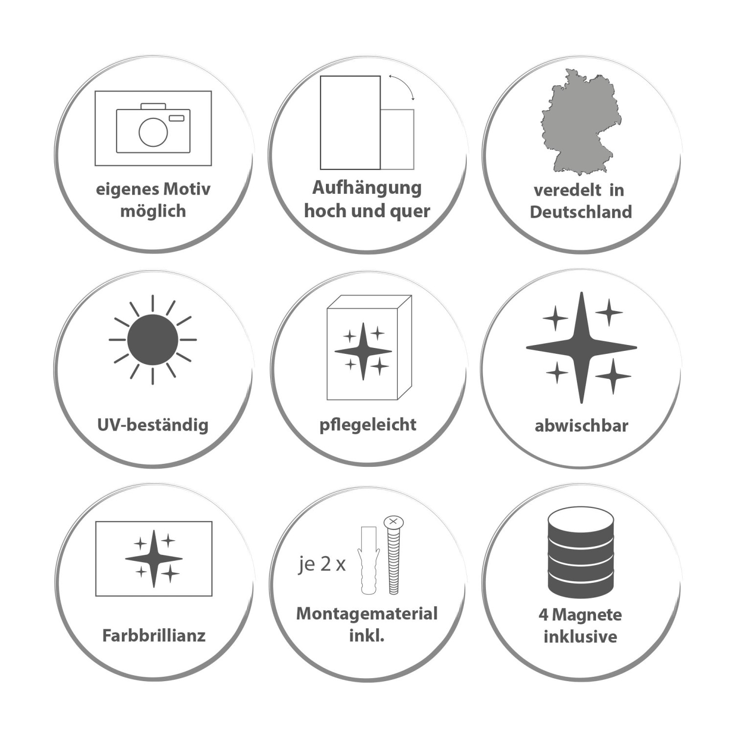 Features der Magnettafel: Eigene Motive, Aufhängung, Made in Germany, UV-beständig, Pflegeleicht, Abwischbar, Farbbrillianz, Inkl. Montage und 4 Magnete.