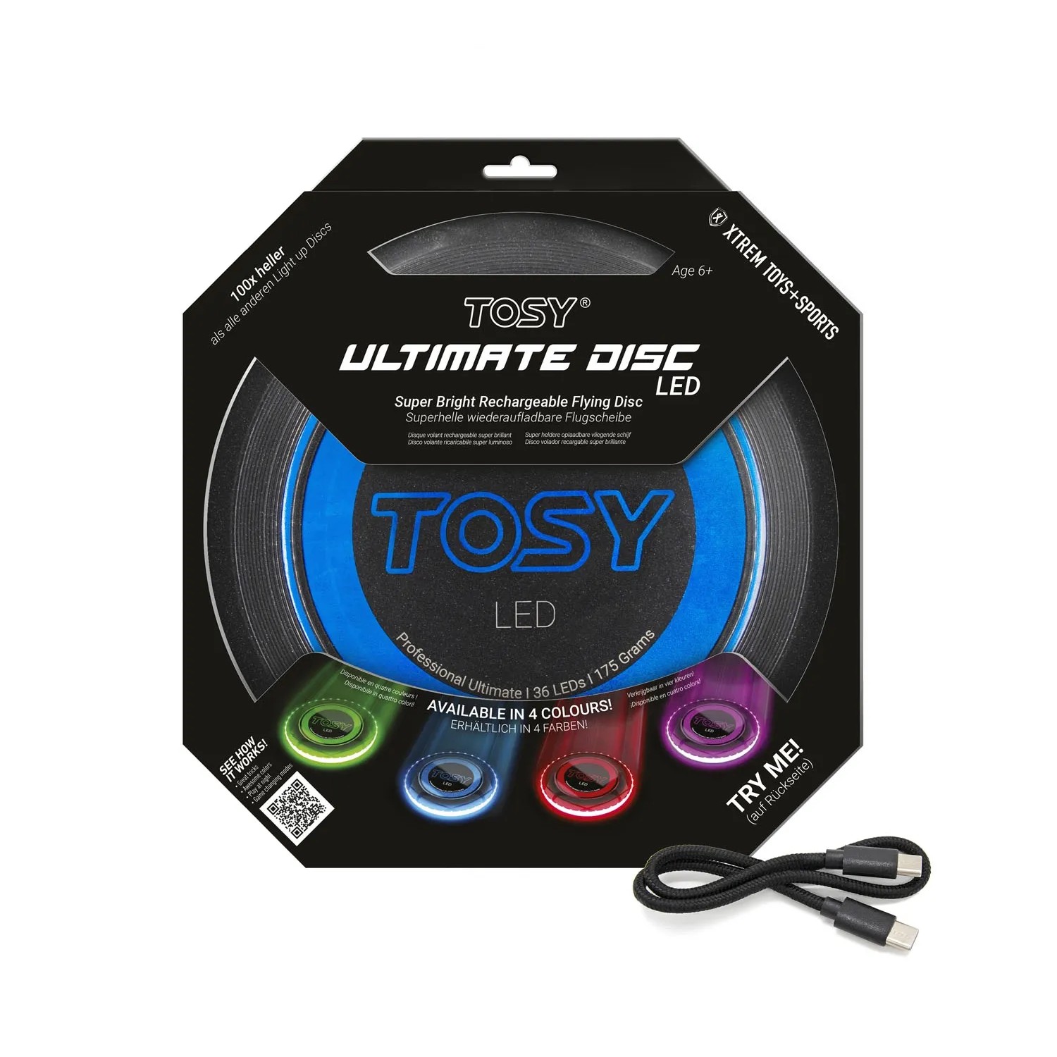 Xtrem Tosy Ultimate Disc LED Blau im Karton, wiederaufladbare Frisbee für Spiel & Spaß.