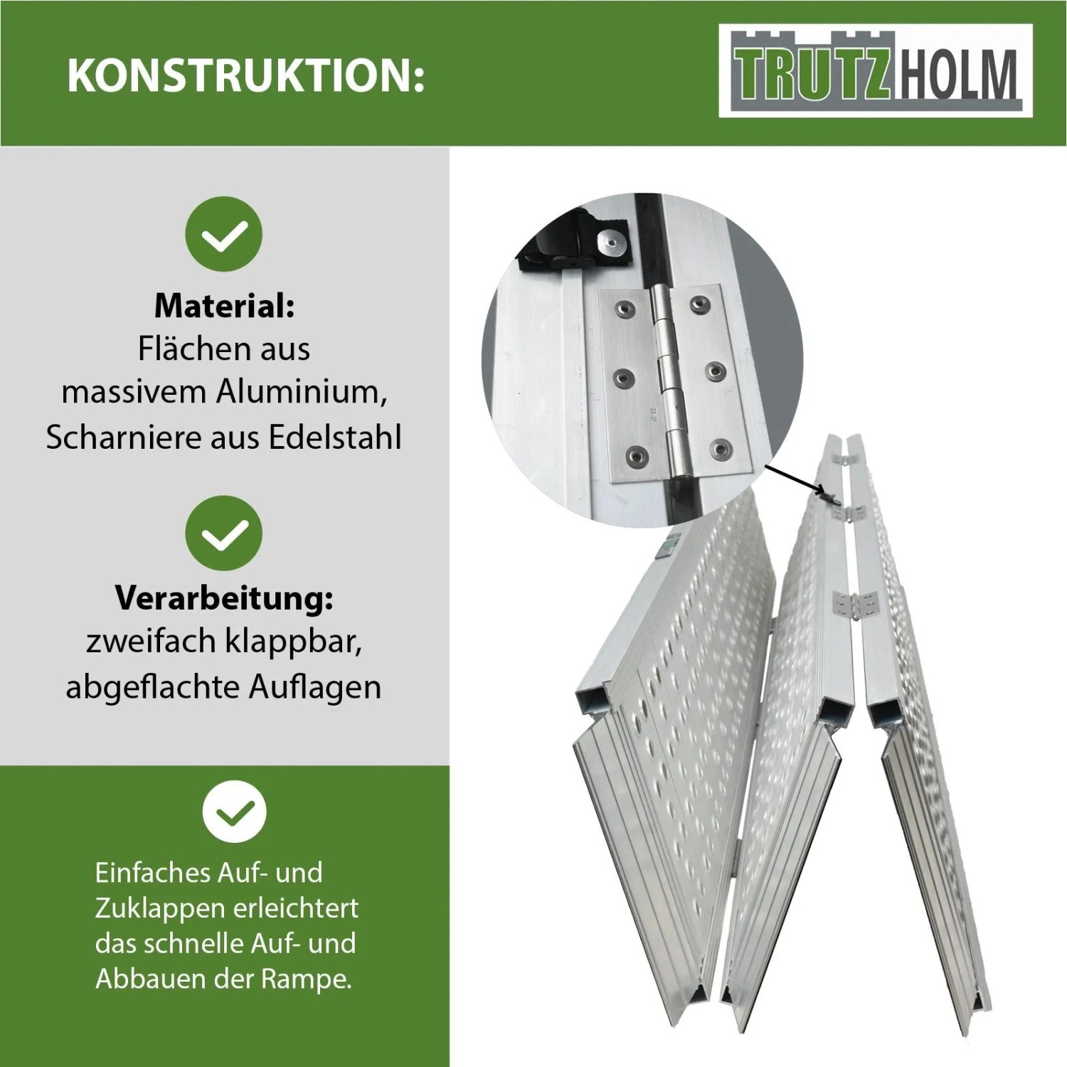 DREIBREIT Auffahrrampe von TRUTZHOLM, 3-fach klappbar, Alu, gelocht, Detailaufnahme Scharnier.