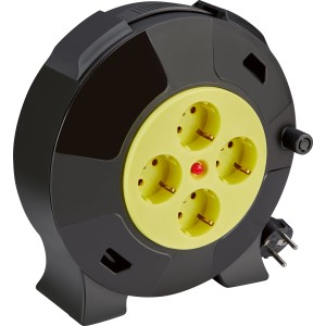 Schwarze Kabeltrommel H05VV-F 3G1,5 mit 10 m Kabel und vier gelben Steckdosen für den Innenbereich.