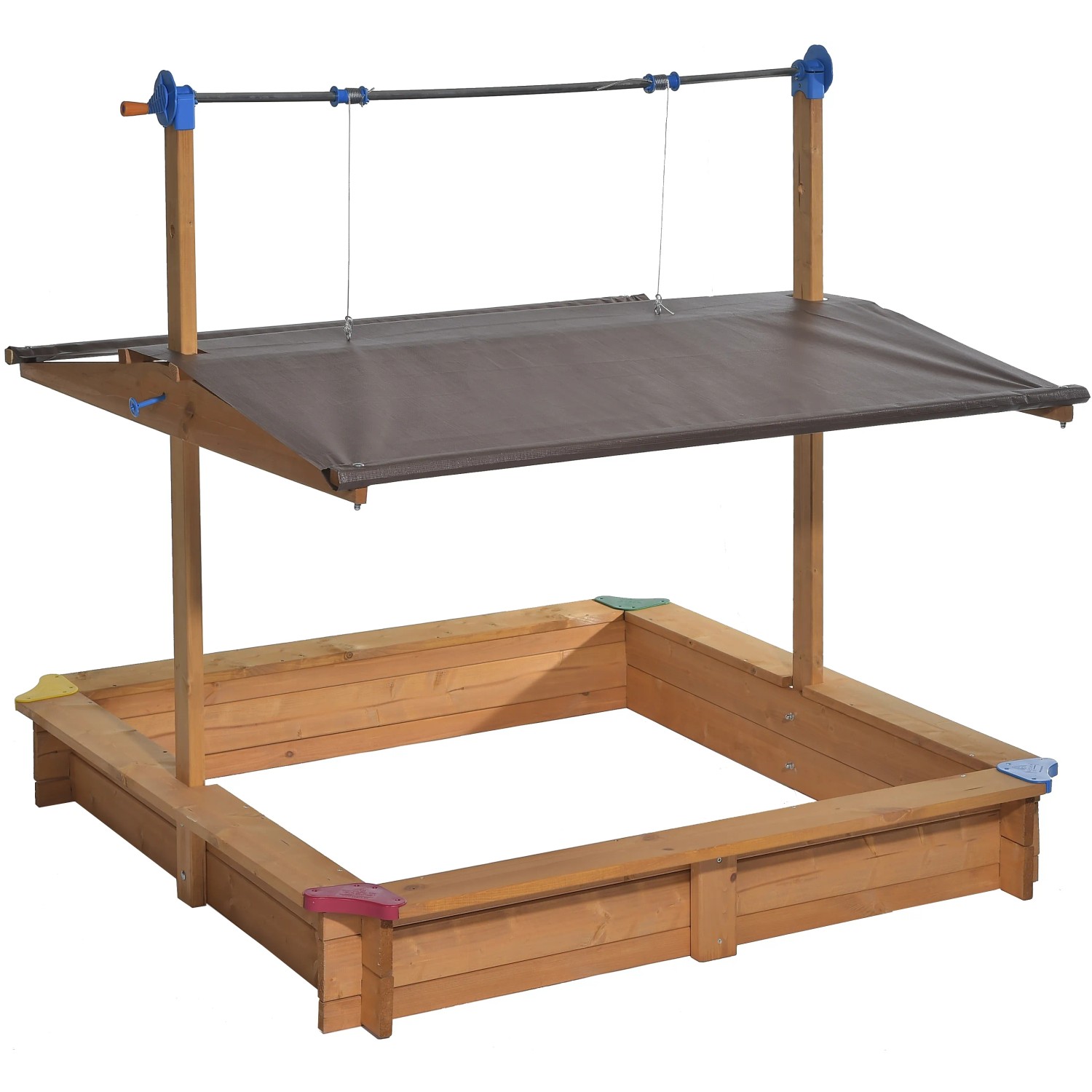 Gaspo Sandkasten Mickey mit Dachlift, 140x140 cm, aus Holz mit farbigen Ecken und braunem Sonnendach.