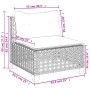vidaXL Gartenmöbel: Schwarzes Poly Rattan Ecksofa mit cremefarbenen Kissen, Maße eingezeichnet.