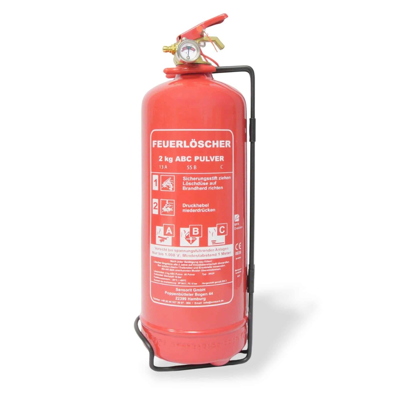 Sensorit Feuerlöscher 2kg Pulverlöscher Autolöscher ABC Pulver Pulver Feuerlöscher inkl. Halterung und Prüfschild
