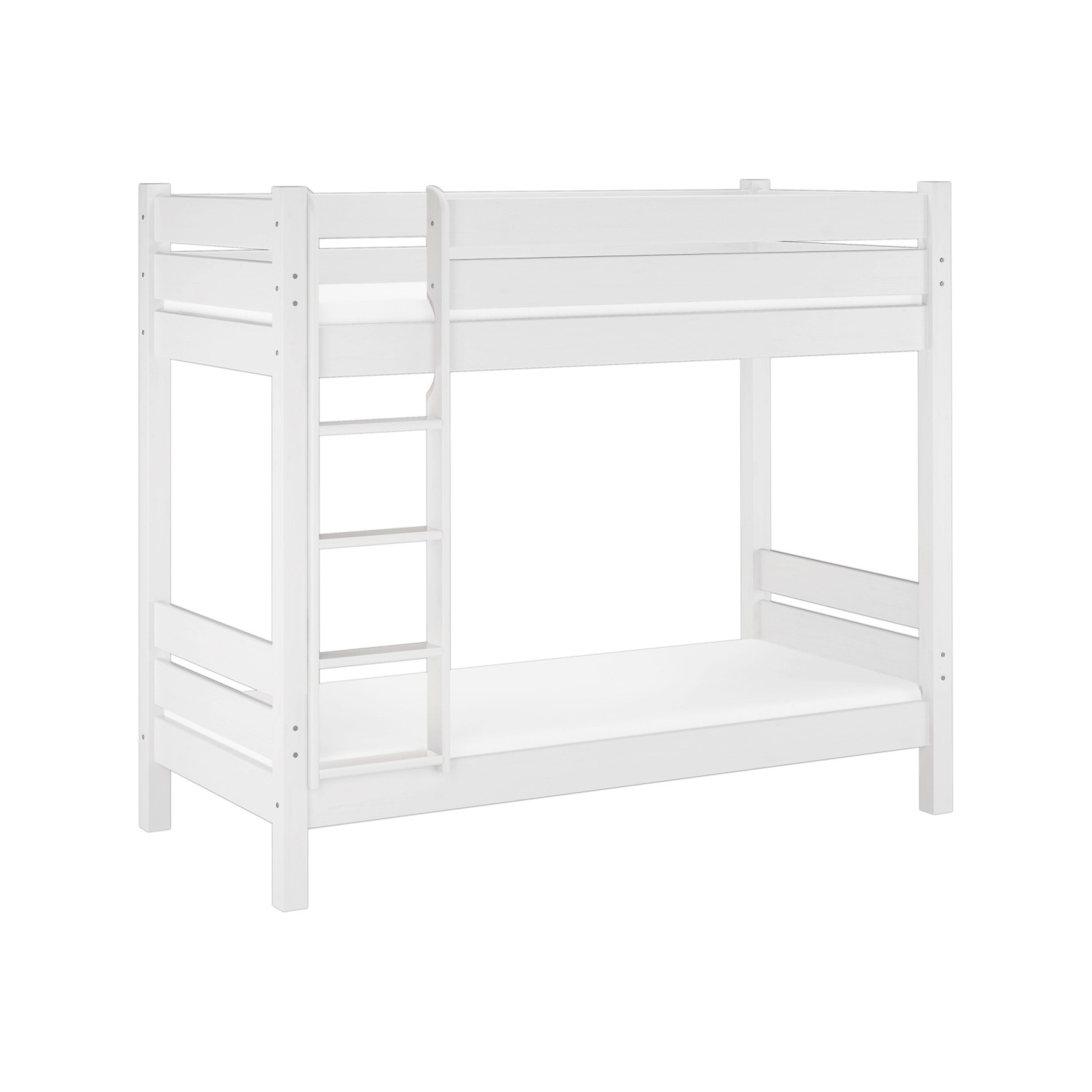 Weißes Etagenbett aus Kiefernholz mit Leiter, teilbar in zwei Einzelbetten.