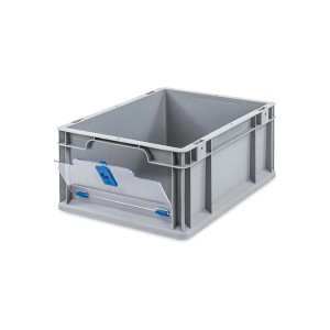 Graue Eurobox mit transparentem Deckel und blauen Details, 16 Liter. Ideal zur Aufbewahrung und Transport.