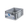Graue Eurobox mit transparentem Deckel und blauen Details, 16 Liter. Ideal zur Aufbewahrung und Transport.