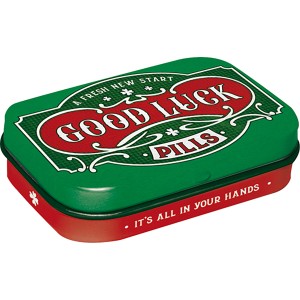 Nostalgic-Art Pillendose "Good Luck Pills", 4x6x2cm, gefüllt mit Pfefferminzdragees.