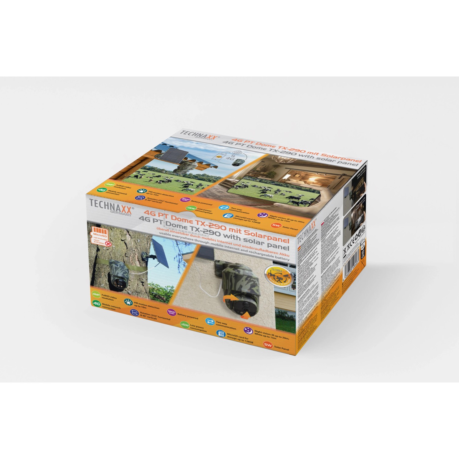 Verpackung der Technaxx Überwachungskamera Dome 4G PT TX-290 mit Solarmodul.
