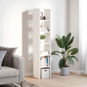 Zwei weiße, stapelbare Bücherregale (30x30x80 cm) aus Holzwerkstoff im Wohnzimmer.