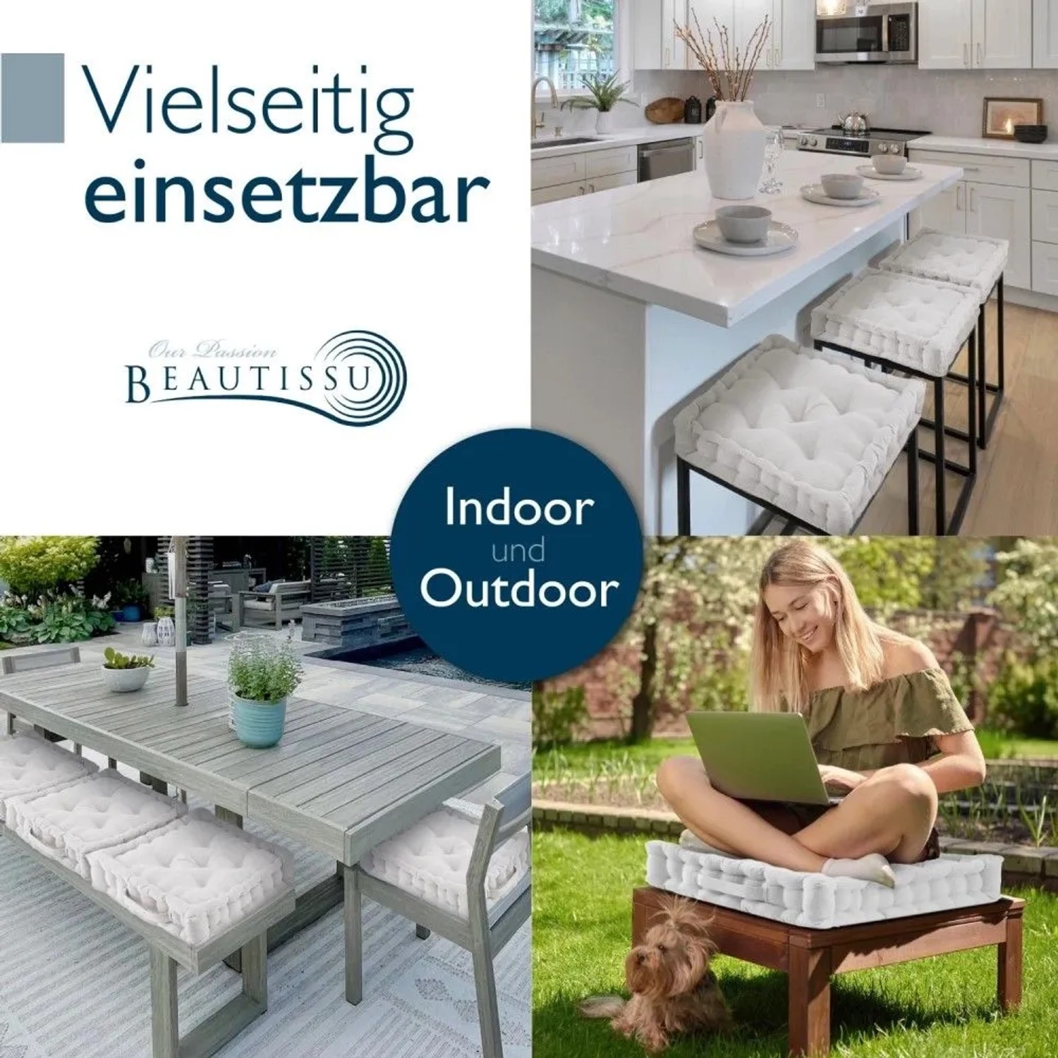 Beautissu Mila Stuhlkissen Natur, 50x50cm. Vielseitige Sitzkissen für Barhocker, Bänke, Boden, indoor & outdoor.