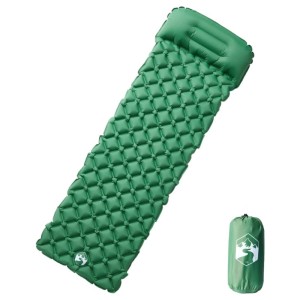 Grüne, aufblasbare Isomatte mit Kissen und Packsack für Camping & Outdoor.