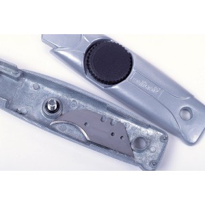 Wolfcraft Multi-Klingenmesser mit Halbmondklinge, Metallgehäuse, Klingenwechsel per Spannknopf.