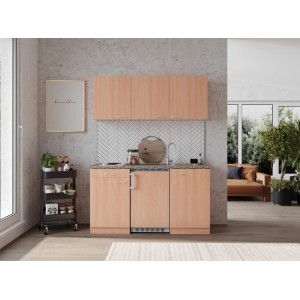 Respekta Küchenzeile KB150BB, 150 cm, Buche Nachbildung mit Spüle und Kühlschrank.