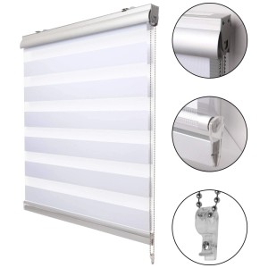 Weißes Sol Royal Doppelrollo mit Alu-Kassette, Seitenzugkette und Klemmfix. Gestreifter Stoff für Fenster & Türen.