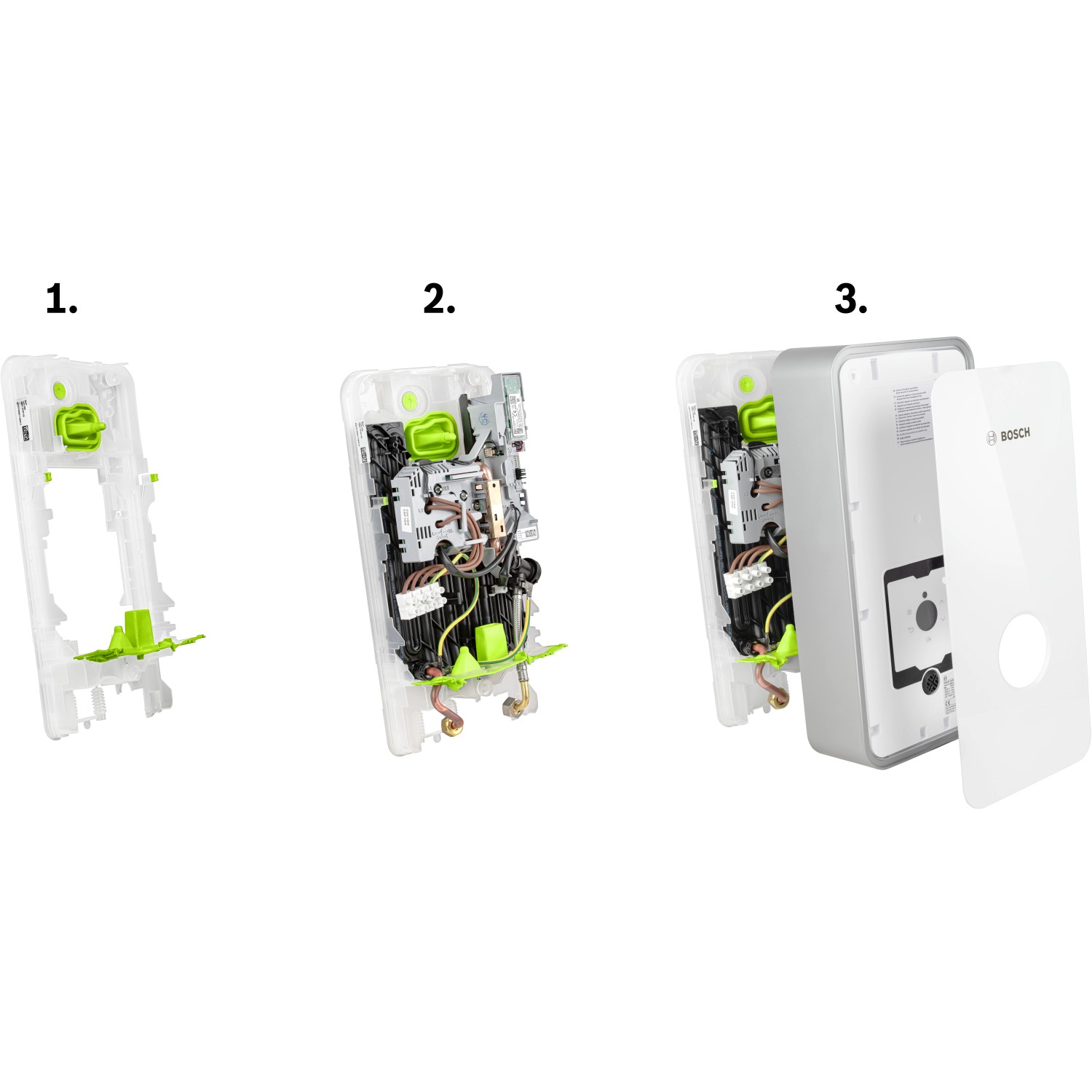Bosch Tronic Comfort Plus Durchlauferhitzer: Installation in 3 Schritten dargestellt.