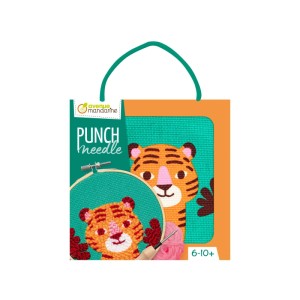 Punch Needle Tiger Set: Verpackung mit gesticktem Tigergesicht, Stickrahmen, Nadel und Wolle. Kreativwerkzeug für Kinder.