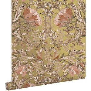 ESTAhome Tapete Blumenmuster im Jugendstil Gold und Terrakottarosa 53 cm x 10.05 m