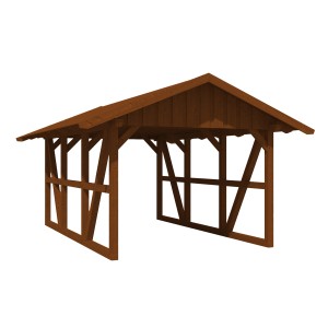 Skan Holz Carport Schwarzwald, Nussbraun, mit Dachschalung. Fachwerk-Bauweise mit Satteldach.