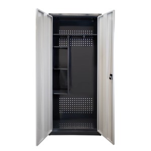 PROREGAL Motorradschrank, anthrazitgrau/lichtgrau, offen mit Fächern und Fachboden.