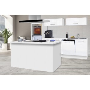 Respekta Premium Inselküche 280 cm in Weiß Hochglanz mit Kochinsel, Elektrogeräten und viel Stauraum.