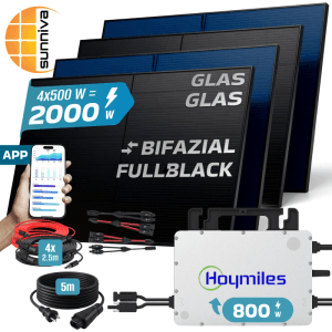 SUNNIVA Balkonkraftwerk 2000W mit Hoymiles Wechselrichter, bifaziale Fullblack Glas-Glas Solarmodule.