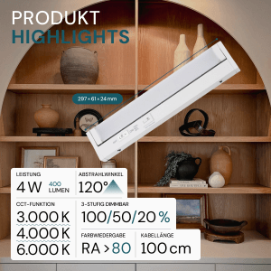 LUXULA 3er Set LED Unterbauleuchte 30cm CCT Dimmbar Schwenkbare Schrankleuchte Warm- Kaltweiß 3000-6000K Erweiterbar Küchenbeleuchtung 4W Weiß