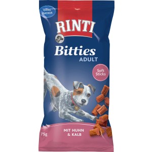 Rinti Bitties Adult Hunde-Snacks mit Huhn & Kalb, 75g Packung. Hunde-Belohnungssnack ohne Zucker.