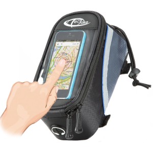 Tectake Fahrradtasche mit Handyfach und Touchscreen-Bedienung, schwarz-grau-blau.