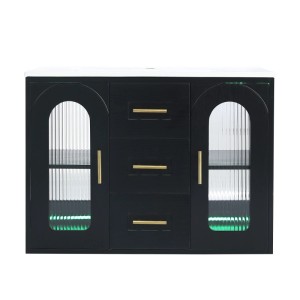 Schwarzer 76cm Badschrank in Holzoptik mit weißem Waschbecken, geriffelten Glastüren, goldenen Griffen und LED-Beleuchtung.