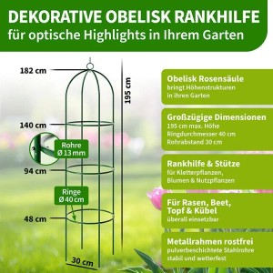 TTL GARDEN Obelisk Rankhilfe XL 195 x 40 cm Metall Pulverbeschichtet Rankgitter Rosensaeule Kletterhilfe für Rosen Clematis