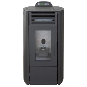 Schwarzer Rowi Pelletofen aus Stahl, 8,7 kW Leistung, mit Sichtfenster und digitalem Display.