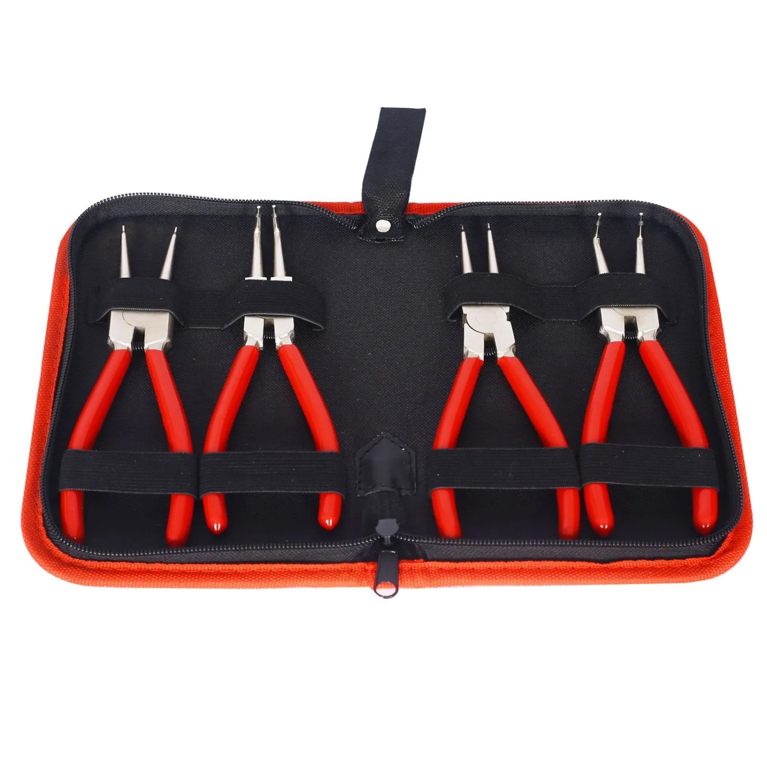 Xpotool Sprengring Zangen Set 4-tlg. mit 2 geraden und 2 gebogenen 90° Seegeringzangen in roter Werkzeugtasche.