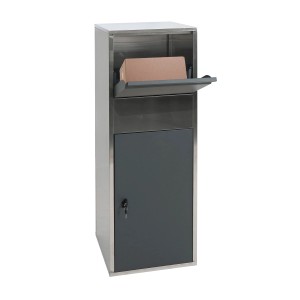 PROREGAL Paketkasten XL aus Edelstahl und Anthrazit mit geöffneter Klappe und Paket.
