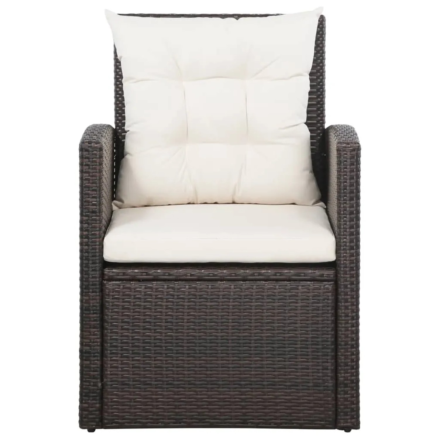 Brauner Rattan-Sessel mit cremefarbenen Polstern, Teil des vidaXL Garten-Lounge-Sets.