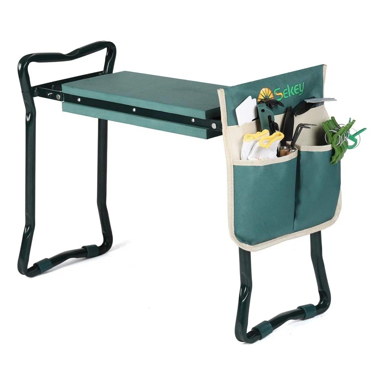 Grüne Sekey Kniebank 2 in 1, gepolstert, klappbar, mit Werkzeugtasche und Gartengeräten. Ideal für Gartenarbeit.