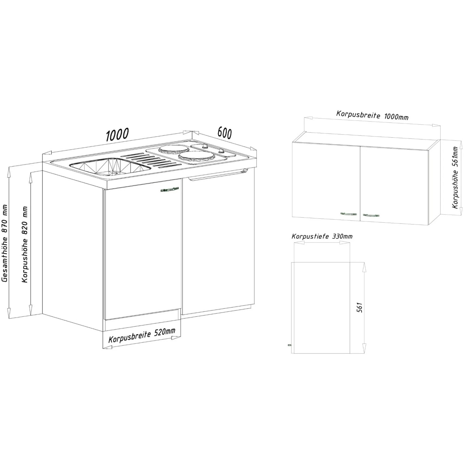Technische Zeichnung Respekta Miniküche MK100WOSC 100 cm Weiß mit Maßen.