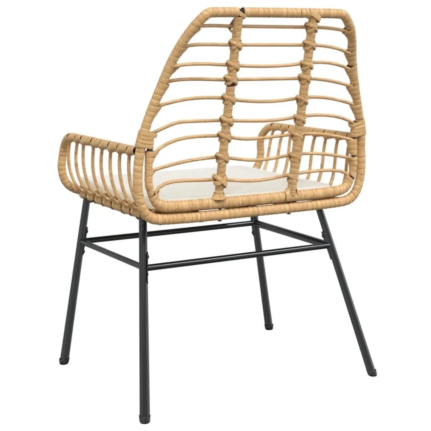 Brauner Poly Rattan Gartenstuhl mit cremeweißem Kissen und schwarzem Stahlgestell. Ideal für Terrasse & Balkon.