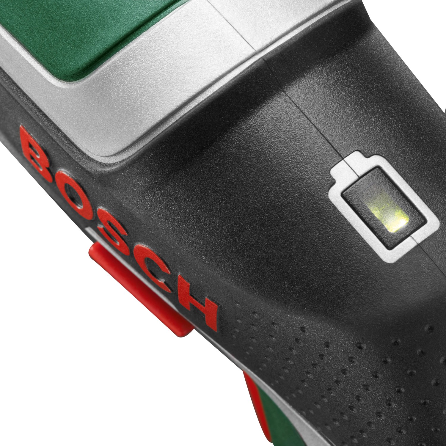 Detailaufnahme: Bosch IXO 7 Akkuschrauber mit Akkuanzeige. Kompakt, ideal für Schraubarbeiten.