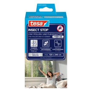 Verpackung des tesa® Insect Stop 2in1 Pollen- und Fliegengitters in Anthrazit. Ideal für Fenster.