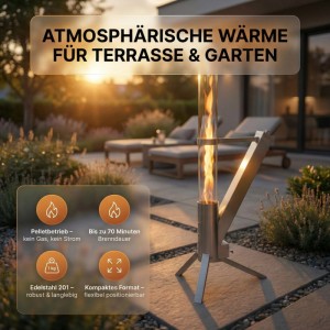 Albatros Pelletfackel aus Edelstahl mit Glasrohr im Garten. Dekorative Gartenfackel.