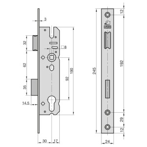 Technische Zeichnung: Basi Einsteck-Rohrrahmenschloss ES 958, Dornmaß 30mm, Stulp 24mm, Maße und Details.