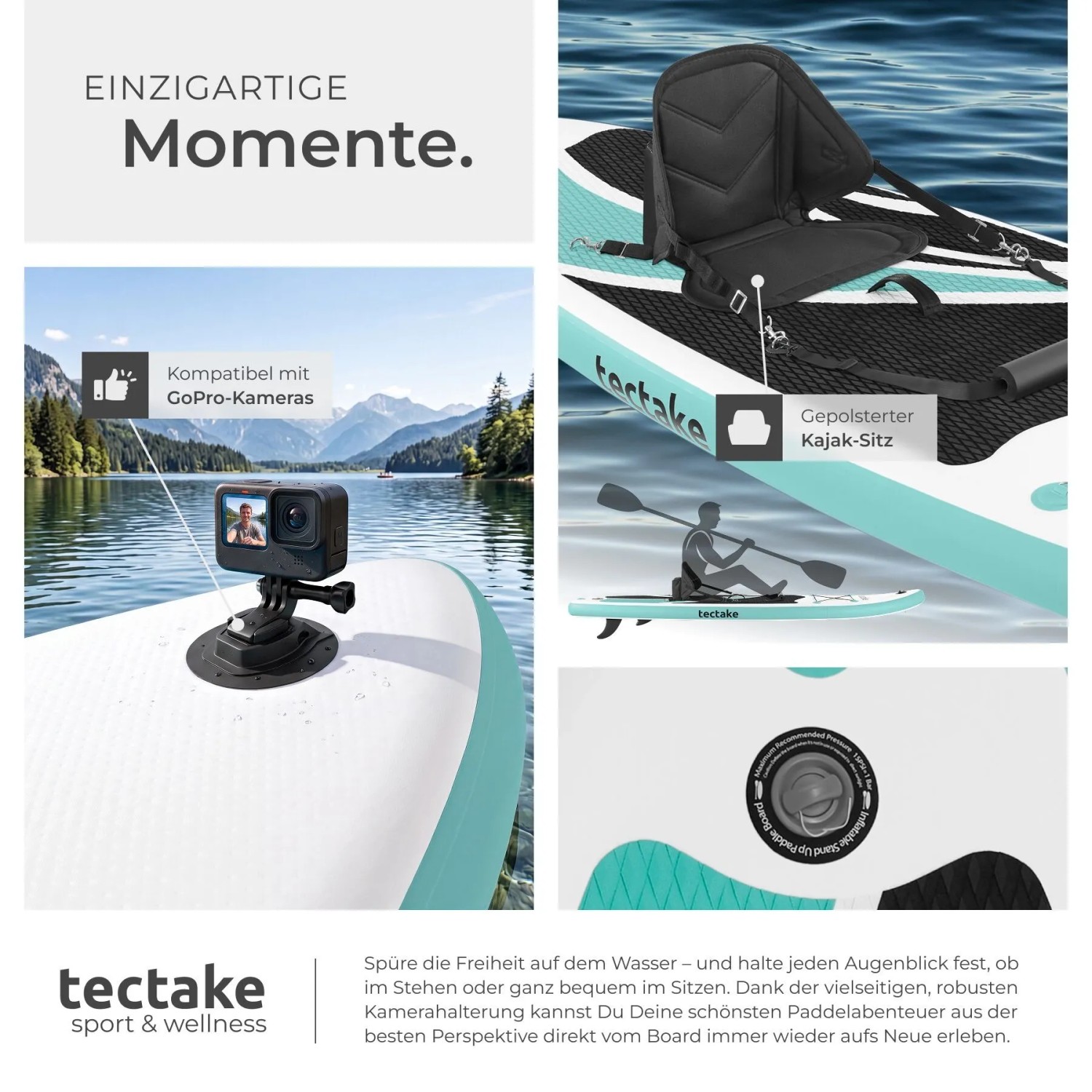 Tectake SUP Zenon Drop Stitch, aufblasbar, weiß-türkis, mit Kamerahalterung und Kajak-Sitz auf dem Wasser.