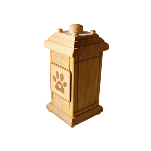 Dekohelden24 Tierurne Urne für Hunde Andenkurne Haustier Aschebox Tierurne groß Urne mit Hundemotiv aus Buchenholz L/B/H 12 x 12 x 20 cm