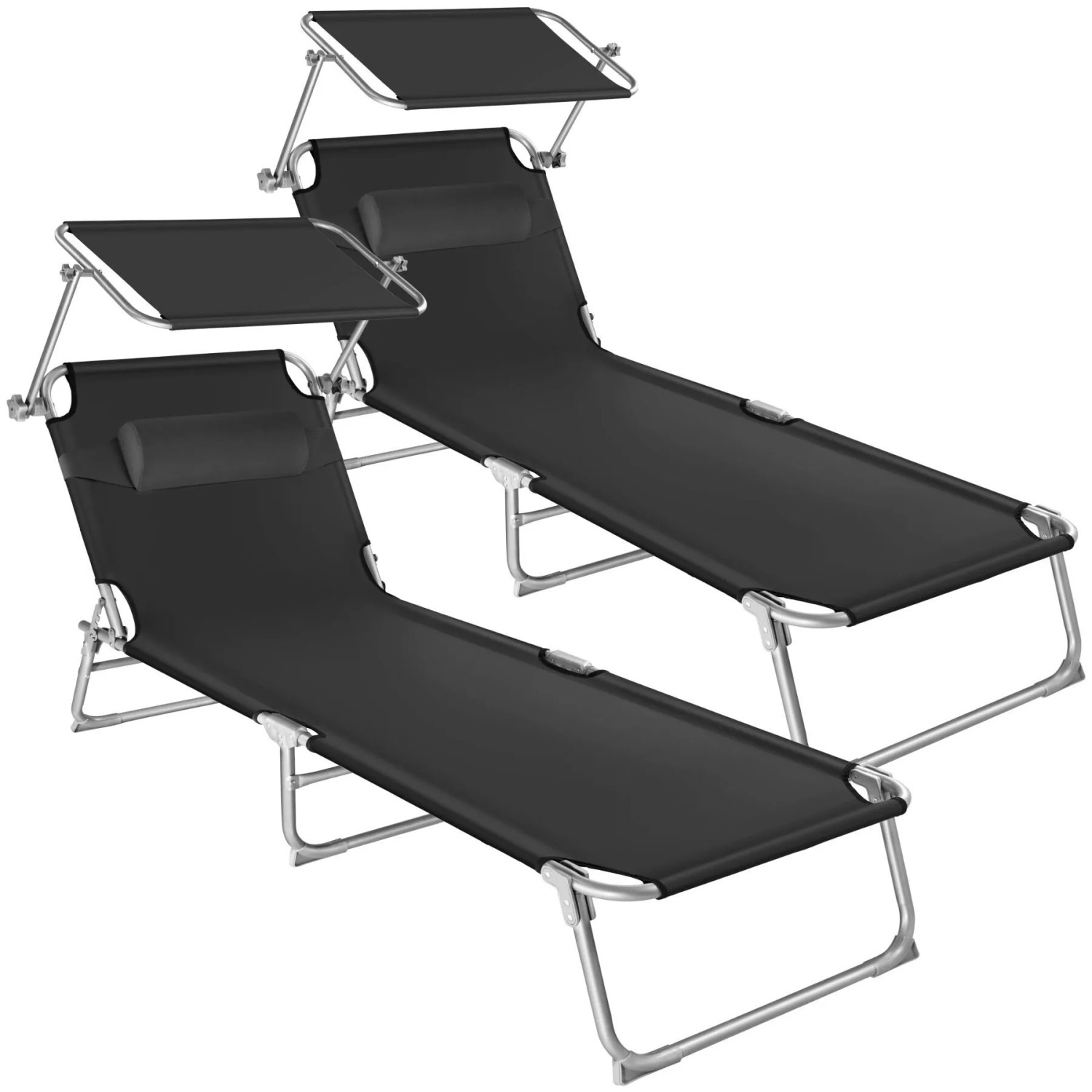 Tectake 2Er Set Sonnenliege Chloé Klappbar Stufenlos Verstellbares Sonnendach  190 x 68 x 65 cm Schwarz