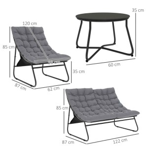 Outsunny Gartenmöbel Set: Sofa, 2 Stühle und Tisch, Stahl/Polyester, grau, mit Maßangaben.