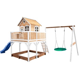 Axi Liam Spielhaus mit Nestschaukel, Rutsche, Sandkasten, Holz, braun-weiß-blau. Ideal für Kinder.