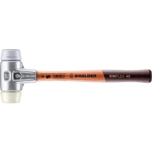 Halder Simplex Schonhammer mit grauem TPE-mid und weißem Nylon-Einsatz, Aluminiumgehäuse und Holzstiel, Ø 40 mm.