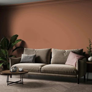 Wohnzimmer mit Wand in warmem Terrakotta, beigem Sofa, Couchtisch und Pflanzen. Tadessi Wandfarbe.