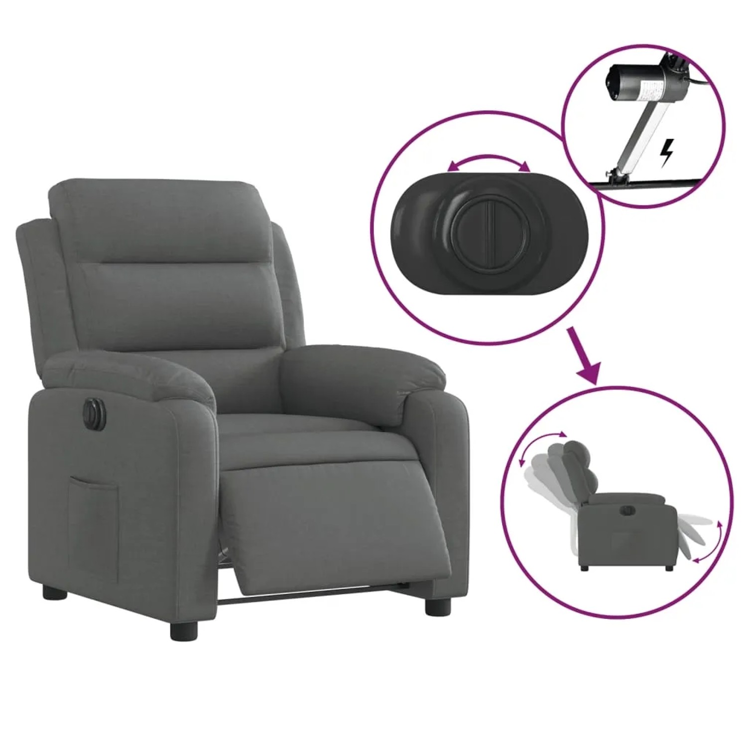Elektrischer Relaxsessel, dunkelgrau, Stoff. TV-Sessel mit Liegefunktion und Seitentasche.
