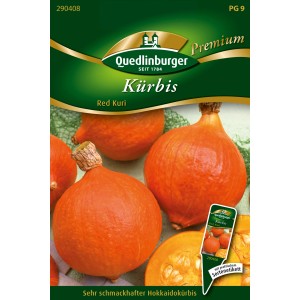 Samenpackung Quedlinburger Hokkaido Kürbis 'Red Kuri' mit roten Kürbissen.